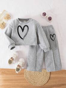 SHEIN 2pcs Setelan Bayi Perempuan Lucu Lengan Panjang Abu-abu & Celana Pinggang Elastis, Musim Gugur/Musim Dingin - Grey - View 1