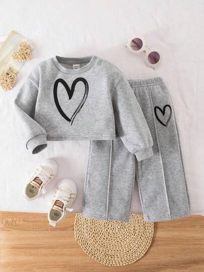 SHEIN 2pcs Baby Girl Cute Grey Long Sleeve Sweatshirt & Elastic Waist Pants Set, Autumn/Winter