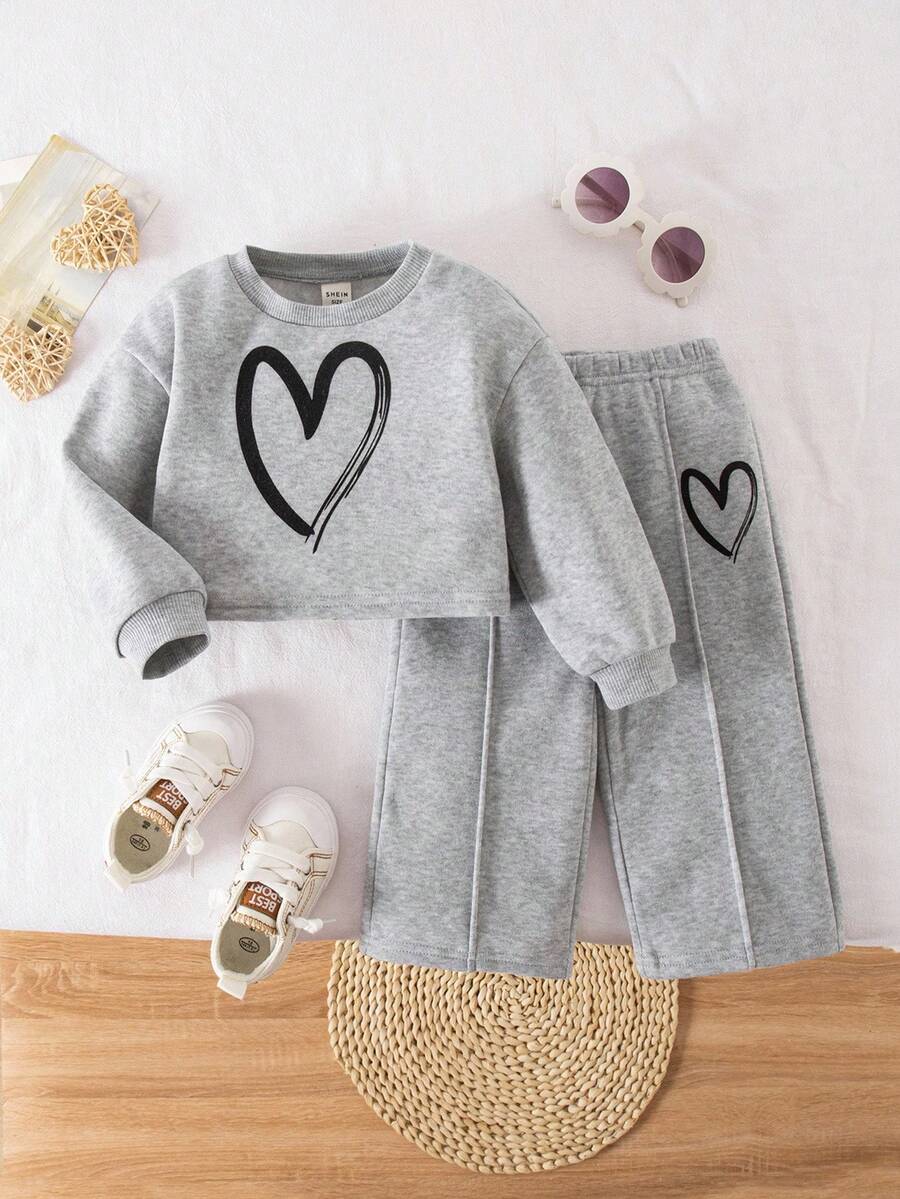 SHEIN 2pcs Setelan Bayi Perempuan Lucu Lengan Panjang Abu-abu & Celana Pinggang Elastis, Musim Gugur/Musim Dingin - Grey - View 1