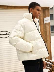 SWAVVY Áo khoác mùa đông dày có khóa kéo thường ngày dành cho nam - trắng - Xem 3