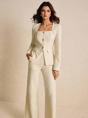 Poéselle Women's Swan Collar Long Sleeve Single-Breasted Jacket And Pants Elegant Suit Set Tweed Pant Suit Cream Pant Suit Setup Autumn Winter Women Metal Buckle Elegant Women's Set,Cozy Fall And Winter Clothes For Women