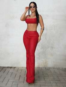 Jeanoix Y2K 性感红色短款上衣和喇叭裤两件套 - 紅色 - 查看 1