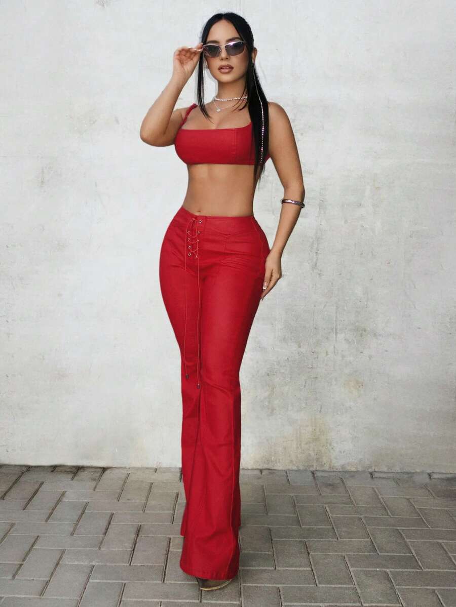 Jeanoix Y2K 性感红色短款上衣和喇叭裤两件套 - 紅色 - 查看 1