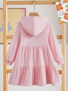 DORA | SHEIN Young Girl Cute Minimalist Cartoon Dora Graphic Print Hooded Long Sleeve Loose Pink Dress - Pink - View 2