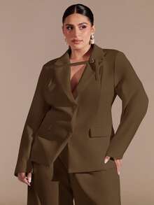 SHEIN BAE Plus Size Curve Autumn And Winter Elegant Commuter Business Party Big Woman Black Formal Waist Suit Jacket And Wide-Leg Pants Ladies Two Pieces Suit Business Casual Woman Suits For Woman Blazer Set Pants Suits For Woman Women Pants Suit Set Corporate Set Women Work Suits Woman Suit
