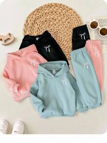 Set de 6 piezas Sudadera con capucha y pantalón de cintura elástica con patrón de corazón de unicolor lindo para bebé niña, otoño/invierno