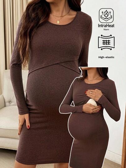 SHEIN Minimalistyczna, jednokolorowa, dopasowana sukienka do karmienia piersią z okrągłym dekoltem i długim rękawem