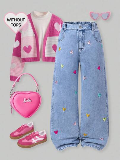 SHEIN ChillGRL Jeans anchos de pierna ancha con lavado de nieve, estilo Y2K, con bordados para niña preadolescente. Bordados de corazones de colores, pantalones anchos y sueltos de uso casual, color azul claro, adecuados para Navidad, Año Nuevo, Día de San Valentín, uso diario y escuela