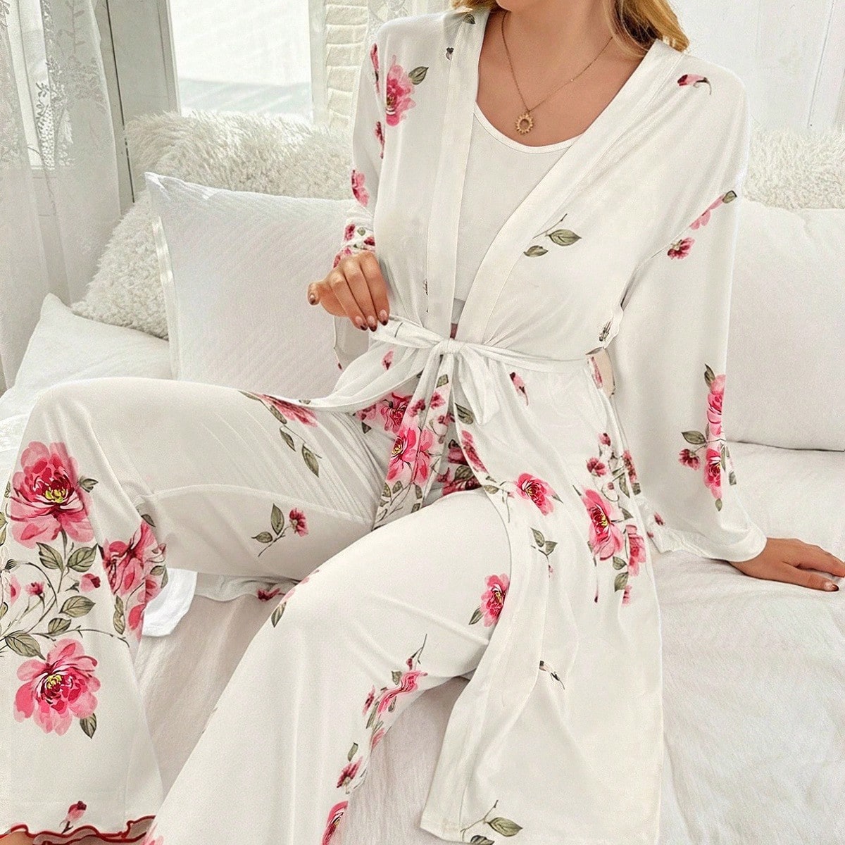 Conjunto de pijama floral con camiseta de punto con estampado floral, pantalones y bata, ropa de otoño e invierno