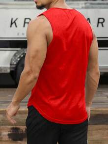Manfinity Fitness 男士运动无袖运动 T 恤、背心、吊带 - 训练和健身房和健身垂袖剪裁吸湿排汗、透气、快干红色常规剪裁面料圆领中弹男友风格男士纯色圆领夏季运动背心健身上衣健身房上衣圣诞节透气 - 紅色 - 查看 2