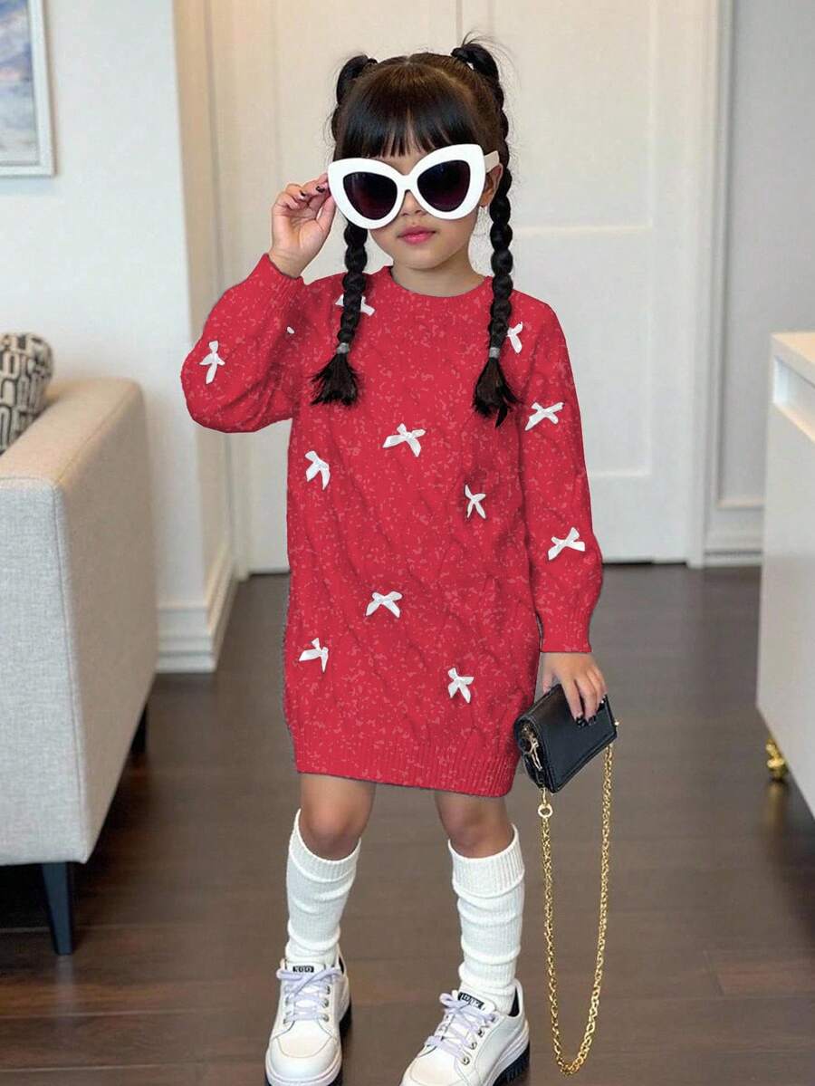 SHEIN Playful Pals 全新时尚百搭可爱蝴蝶结纯色扭绳女童套头毛衣裙 - 紅色 - 查看 1
