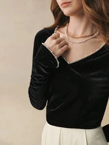 Cévolie 优雅通勤珍珠缀饰长袖T恤，秋季