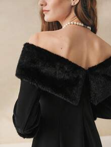 INAWLY Elegant Solid Color Fur Collar Off-Shoulder Dress, Autumn/Winter - Black - View 1