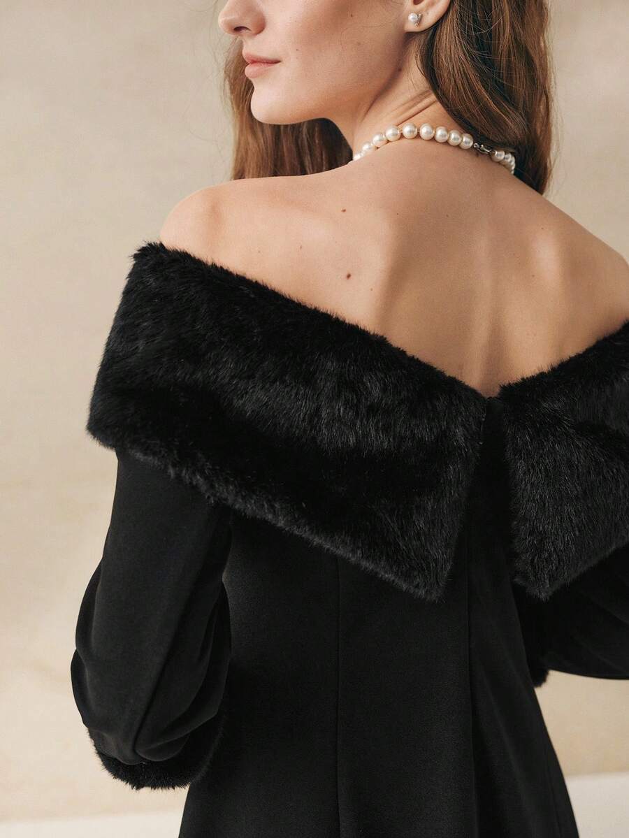 INAWLY Elegant Solid Color Fur Collar Off-Shoulder Dress, Autumn/Winter - Black - View 1