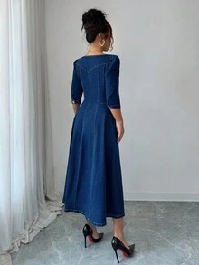 Selianne 秋季通勤时尚前扣牛仔连衣裙 - 深色水洗藍 - 查看 2