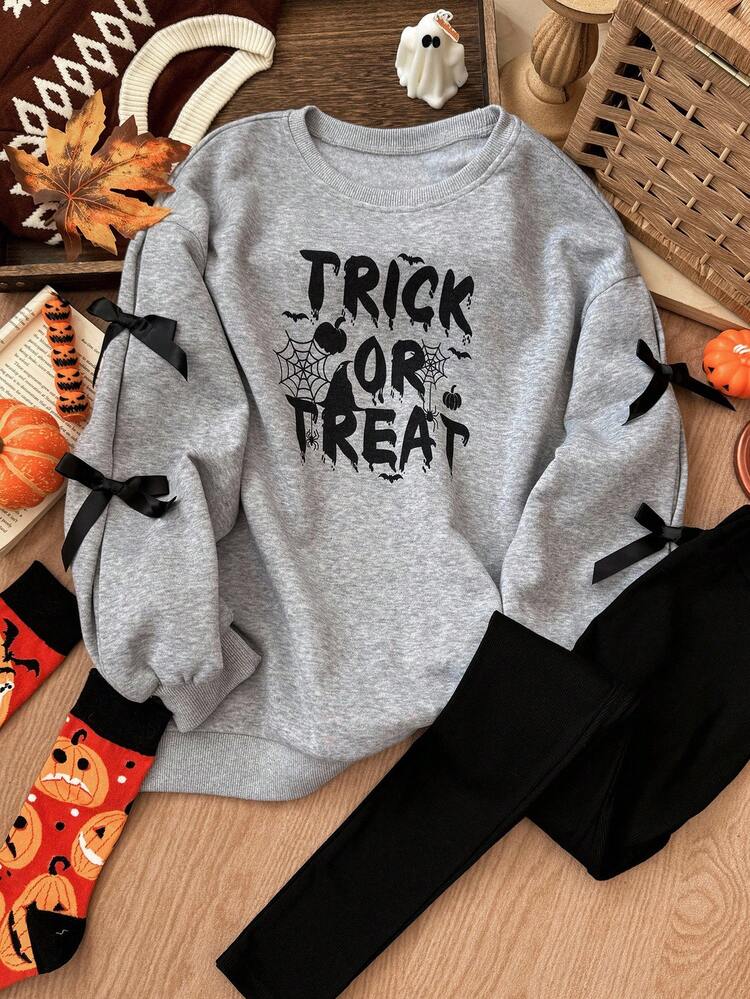 Halloween Tween Girls Crew Neck Knit Fleece Sweatshirt With Bow Decor + Leggings Set,Winter