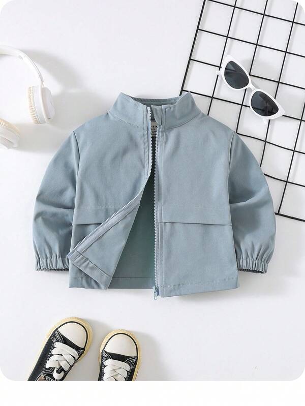 SHEIN Jaqueta Casual Diária Versátil Sólida Azul de Manga Longa com Abertura Frontal, Adequada para Primavera/Outono, Menino/Menina Bebê