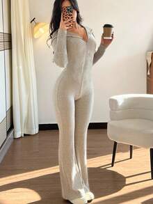 Rafferiza European And American Style Casual Front Zipper Thickened Flared Pants Long Sleeve Long Pants Women Autumn Winter Hooded Jumpsuit Women Christmas Clothing New Year Outfit - Apricot - View 5