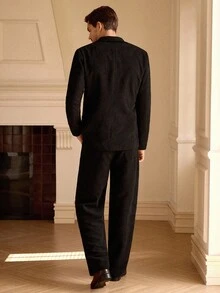 Mainfolk Men's Solid Color Double-Breasted Suit Jacket With Pants Set - Black - View 2