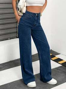 SHEIN Women's Loose Fit Casual Denim Jeans With Side Pockets And Wide-Leg Design - Medium Wash - View 5