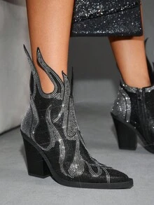 CUCCOO SZL Women's Fashion Rhinestone Decor Chunky High Heel Ankle Boots - Black - View 5