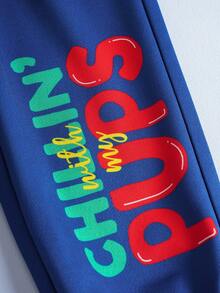 SHEIN | PAW Patrol 2 件套小男孩卡通可爱小狗拼布印花长袖连帽运动衫和运动裤针织户外休闲运动服套装，秋冬