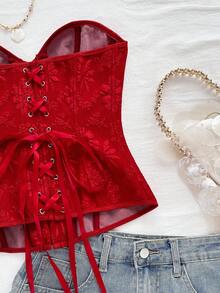 Soleia 女式复古宫廷风格彩色花卉提花印花抹胸短款上衣，配有纽扣和后系带 - 紅色 - 查看 6