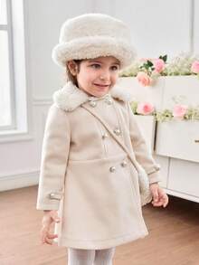 SHEIN Baby Mädchen einfarbiger Fellkragen Doppelreiher Langarm Wollmantel, Herbst/Winter - Beige - Übersicht 3