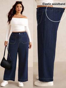 Elaquor 大码女式深蓝色高腰直筒牛仔七分裤，舒适弹力腰带，秋季穿着 - 深色水洗藍 - 查看 1