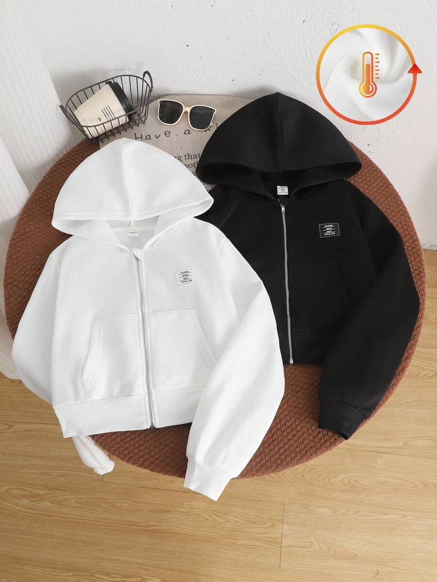 SHEIN 2件套 少女宽松休闲黑色连帽拉链卫衣 少女拉链卫衣 纯色卫衣 Y2K卫衣 青少年尺码卫衣 秋冬女童服装 - 彩色 - 查看 1
