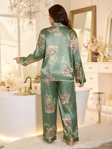 SHEIN 加大码女式花卉印花梭织睡衣套装，弹力优雅纽扣前开长袖上衣和长裤，秋季服装 - 綠色 - 查看 2