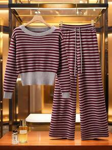 Franclia 女式条纹圆领长袖毛衣和抽绳腰针织裤休闲两件套，秋冬 - 彩色 - 查看 4