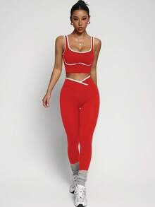 Dewbera 女士无缝撞色瑜伽运动服套装 - 紅色 - 查看 4