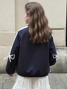 SHEIN Girls' Fashion Sweet Side Ribbon Bow Zip-Up Jacket, Suitable For Spring And Autumn