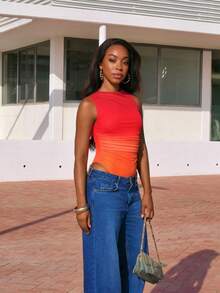 Yess Loren Women's Summer Gradient Print Pleated Asymmetric Bodysuit Sleeveless Bodysuit - Orange - View 4