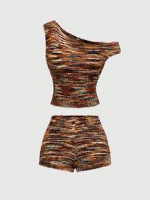ROMWE Fairycore 2 Stücke Vintage gemischte Farbe Strick Set - Off-Shoulder Crop Top + hohe Taille Shorts, sexy schickes Urlaubsoutfit - Verschiedenfarbig - Übersicht 1