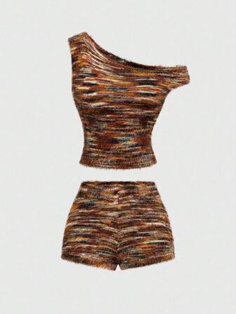 Fairycore 2 piezas Conjunto de punto vintage de colores mixtos - Parte superior corta con hombros descubiertos + Pantalones cortos de cintura alta, Conjunto sexy y elegante para vacaciones