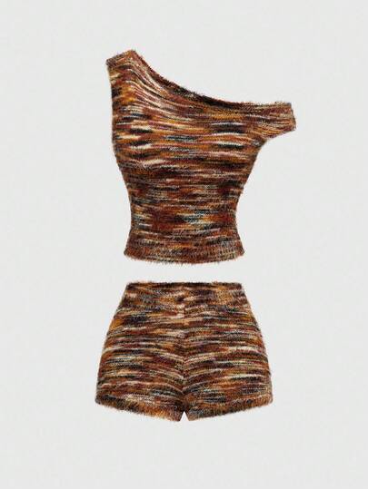 Fairycore 2 pièces Ensemble tricoté vintage multicolore - Top court épaules dénudées + Short taille haute, Tenue sexy chic pour les vacances