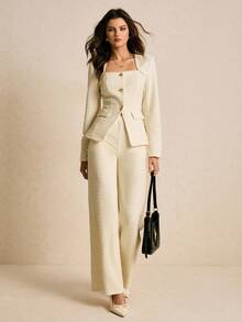 Poéselle Women's Swan Collar Long Sleeve Single-Breasted Jacket And Pants Elegant Suit Set Tweed Pant Suit Cream Pant Suit Setup Autumn Winter Women Metal Buckle Elegant Women's Set,Cozy Fall And Winter Clothes For Women - White - View 6