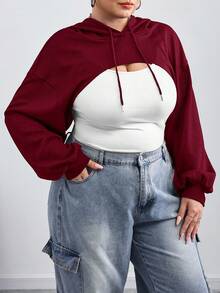 SHEIN CURVE+ Suéter negro de punto extra grande con capucha ultrashort, adecuado para usar en otoño e invierno - Burdeos - Ver 6
