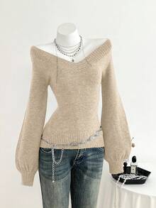 Elamini Women's Casual Solid Color V-Neck Lantern Sleeve Loose Knit Sweater - Khaki - View 5