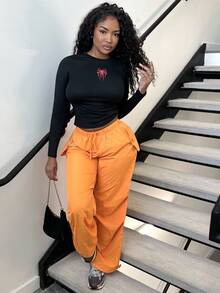 Alexandranx 女士直筒阔腿工装裤高腰抽绳宽松口袋休闲慢跑哈伦裤嬉皮朋克街头服饰 -C - 亮橙色 - 查看 5