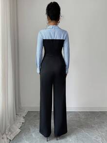 Elenzga Women's Elegant Casual Commute Daily Outing Striped Patchwork Jumpsuit With Buttons