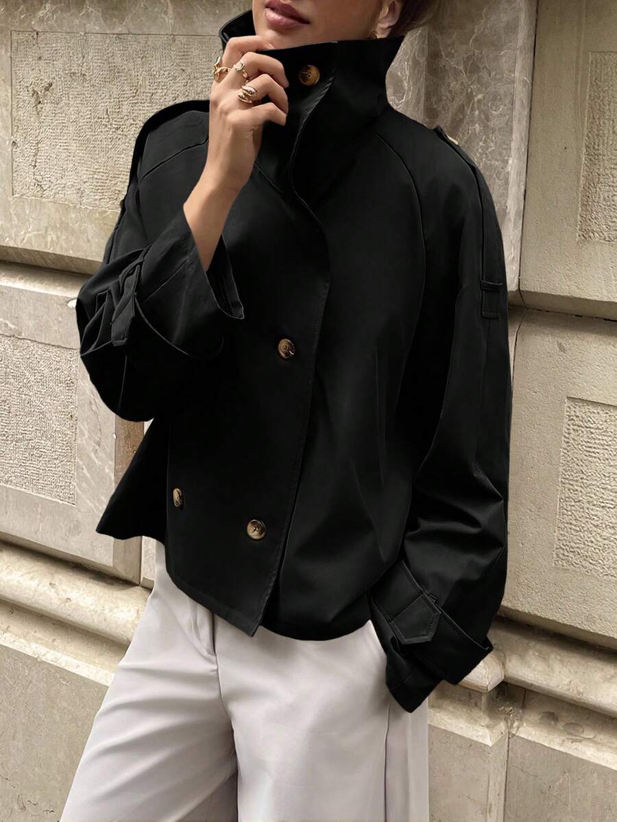 Aloruh 女士休闲纯色翻领短款风衣，咖啡棕色秋冬女装 - 黑色 - 查看 1