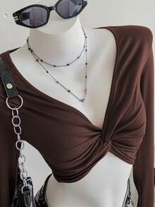 SHEIN Unity Áo thun nữ tay dài ngắn đơn giản màu trơn phong cách tối giản - màu nâu - Xem 5