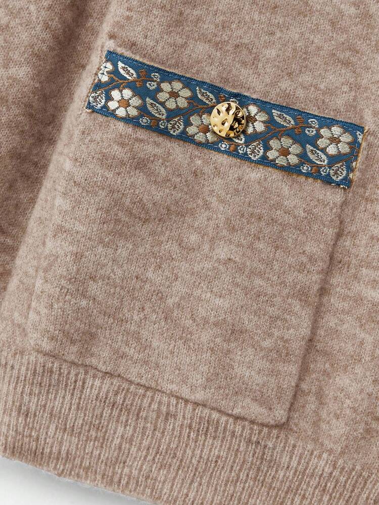 Gestrickter Cardigan mit Blume Muster-Besatz und metallischen Knöpfen, Frühling Damen Frühling Damen Frühling Sommer Ausgehen Büro Französischer Stil Pariser Stil