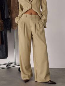 SHEIN BAE Women's Casual Commuter Minimalist Striped Print Low-Rise Wide-Leg Pants Perfect For Commuting And Work Attire, Suitable For Daily Professional Wear Straight-Leg Tailored Trousers Autumn Winter Clothes For Women - Yellow - View 4