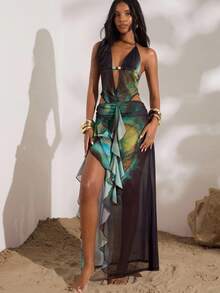 Opulessa 女式全身印花荷叶边下摆性感露背吊带连衣裙 - 棕色 - 查看 3