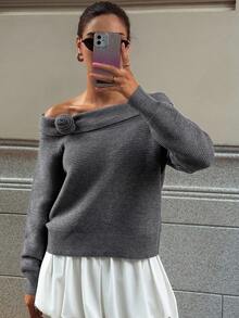 Livesso Women's Off Shoulder Loose Floral Sweater - Grey - View 1