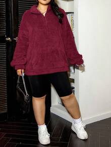 SHEIN EZwear Burgundy Casual Warm Plus Size Sweatshirt, Autumn/Winter - Burgundy - View 5